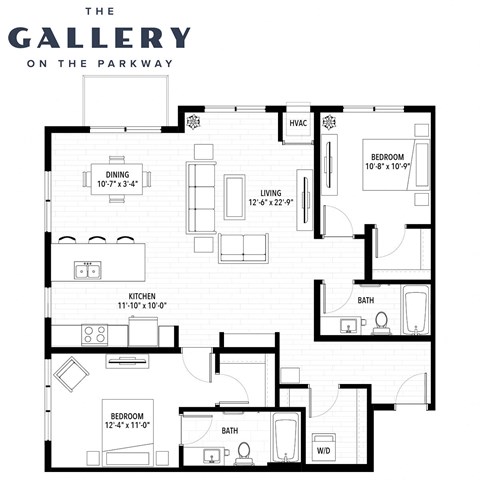 Floor plan for 2 beds, 2 baths, 1289 sqft